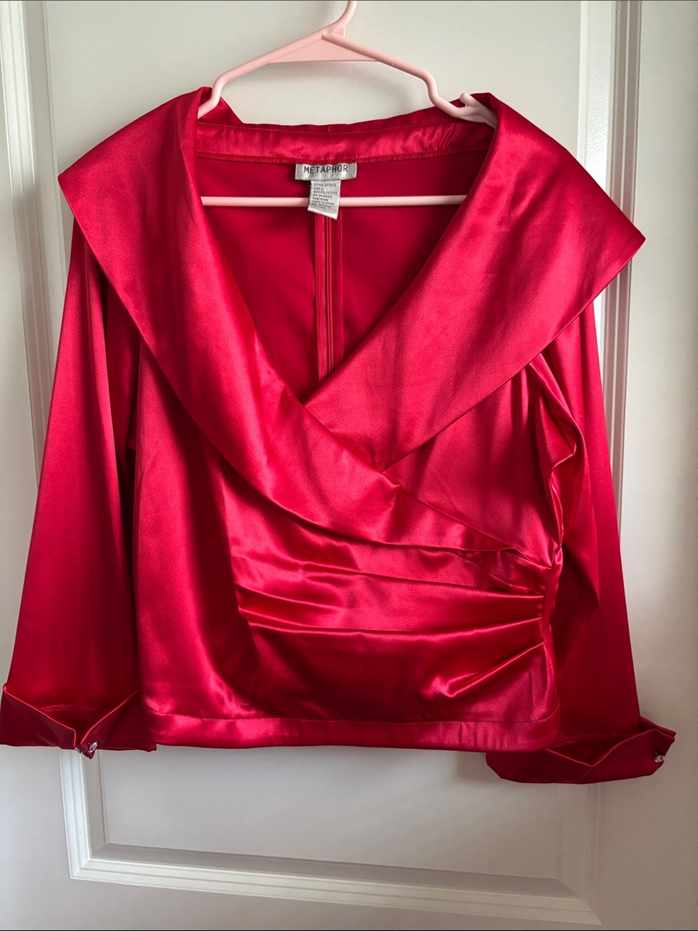 Metaphor Pink-Red Satin Draped Collar Wrap Blouse